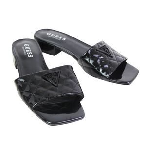 GUESS QUILTED PATENT BLACK LEATHER LOW HEEL OPEN TOE SANDALS MULES SHOES Sz 6M